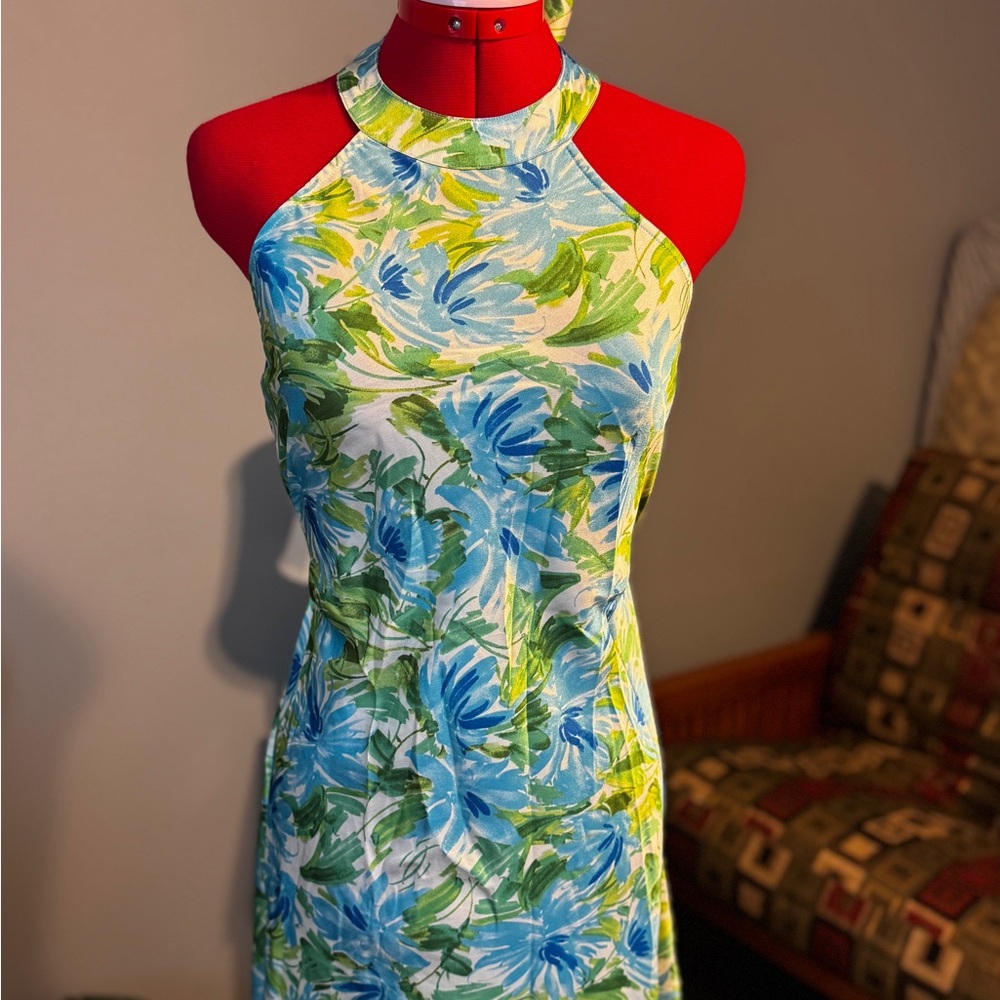 Floral Halter Dress in Blue and Green En Créme